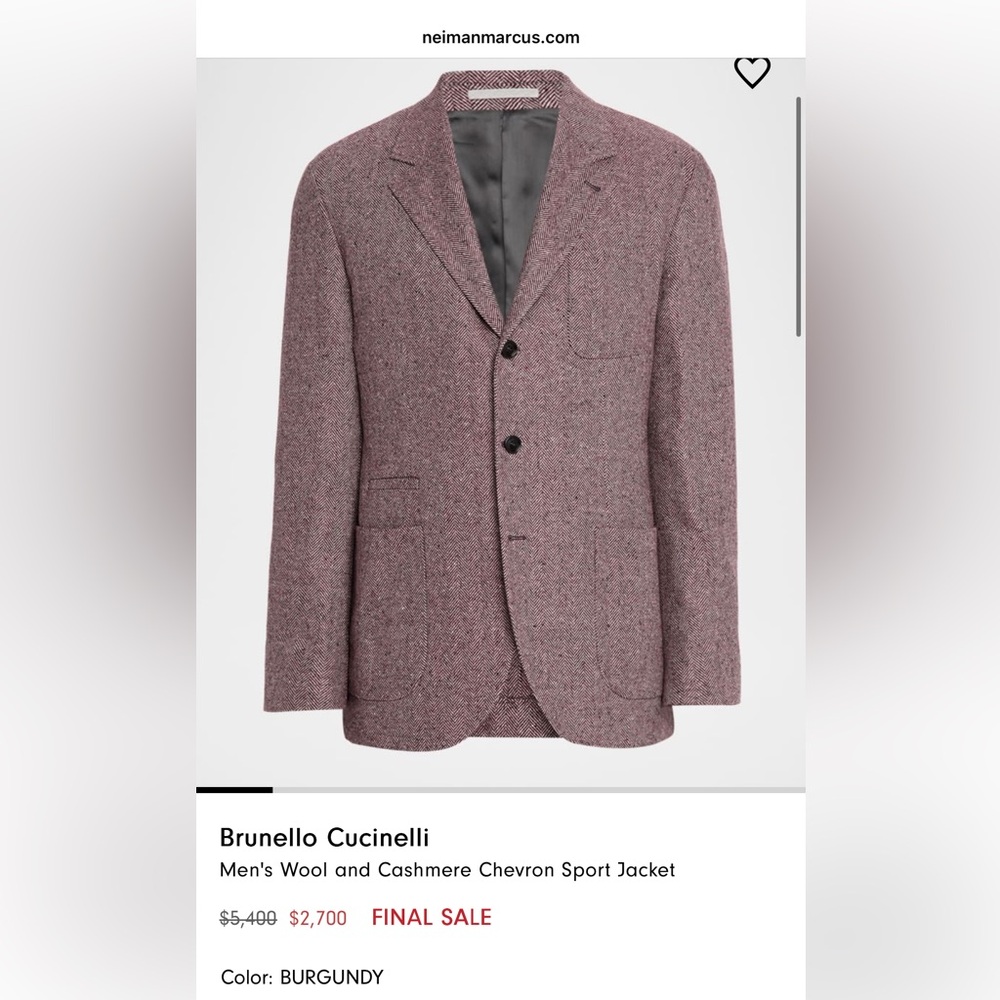Brunello Cucinelli Men's Burgundy Chevron Wool-Cashmere Sport Coat